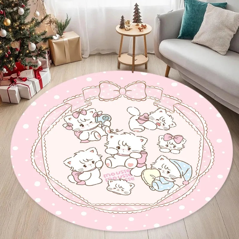 tapis rond dessin animé chats mignons pois blancs rose salon chambre antidérapant polyester