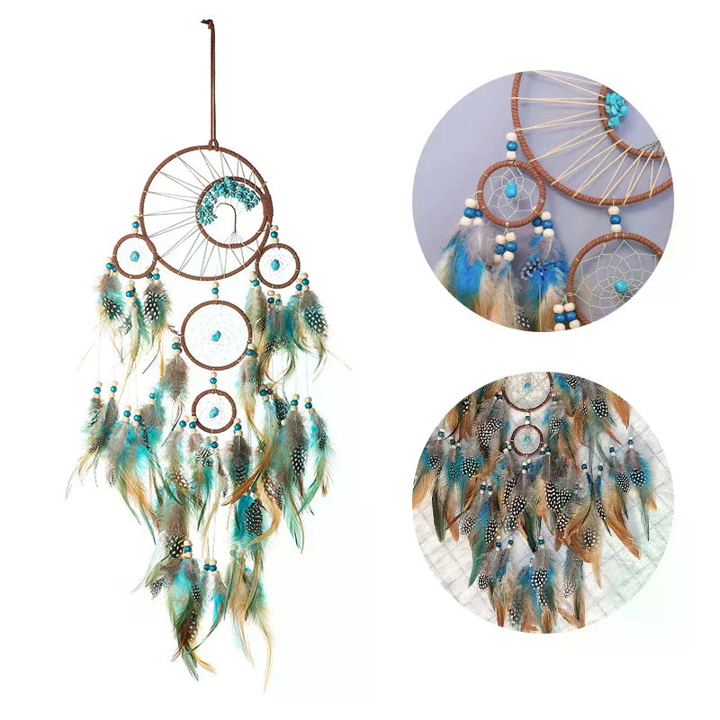 décoration intérieure attrape rêves boho plumes fil coton tressé marron bleu blanc gris
