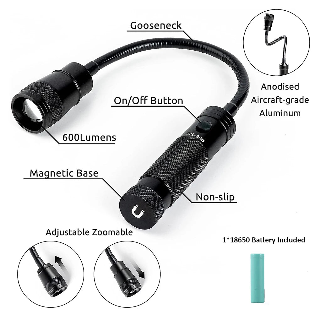 lampe torche flexible led super brillante base magnétique zoomable barbecue lecture travail