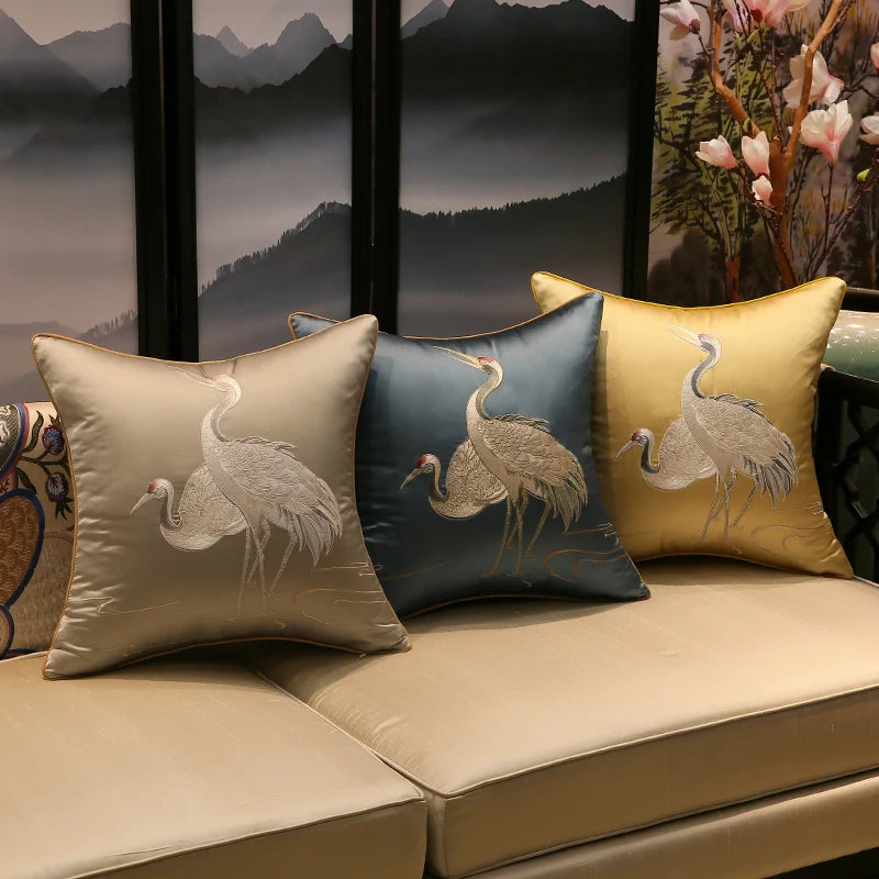 taies d'oreiller brodées oiseaux traditionnel bleu beige doré maison hospitalière imperméable respectueux environnement 45x45cm