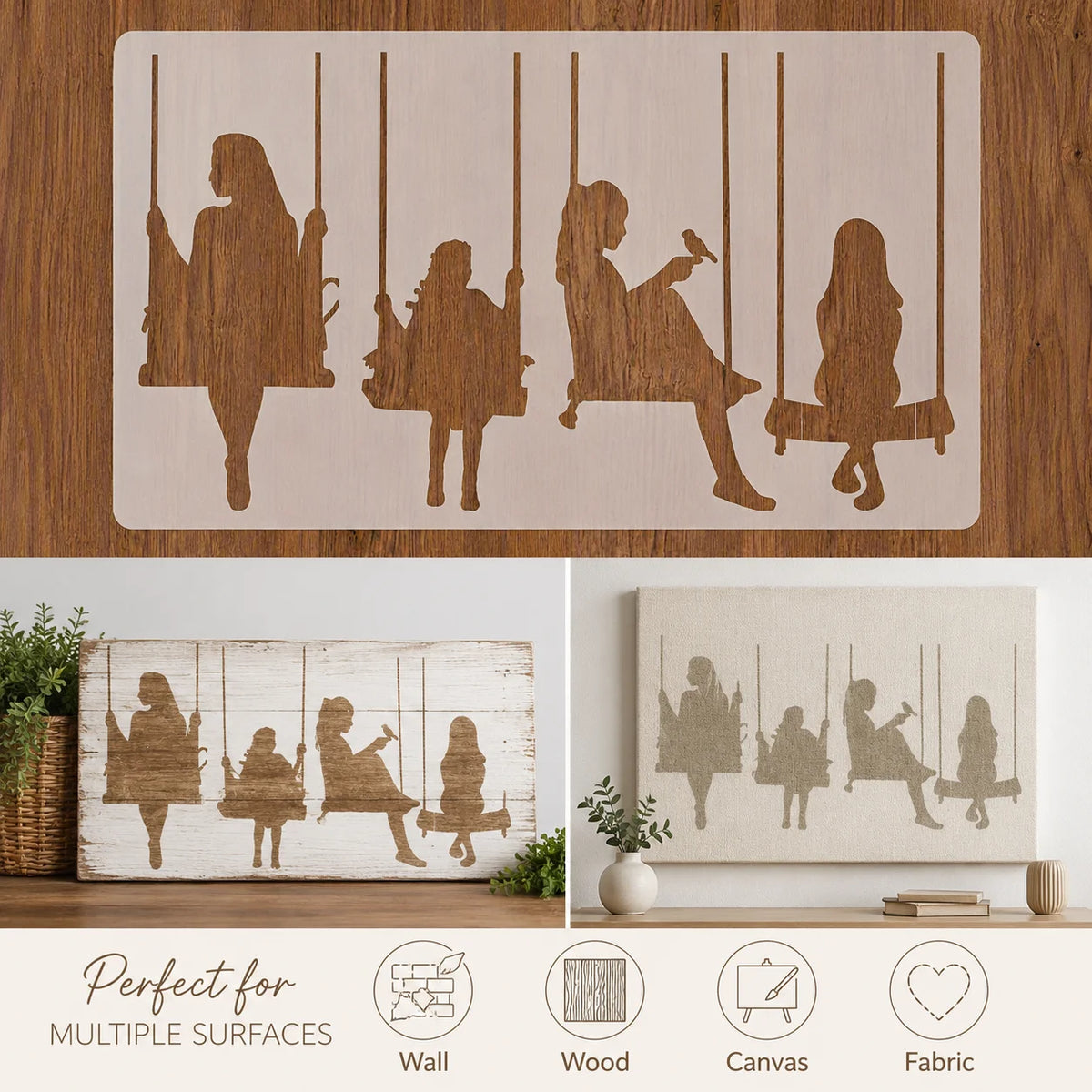 silhouettes personnes balançoires blanc brun minimaliste cadre transparent adhésif décoration mur diy maison