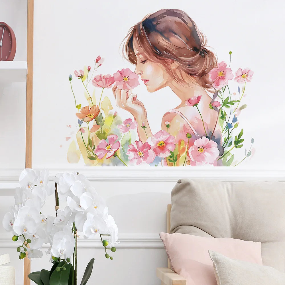 sticker mural fleurs filles peinture aquarelle adhésif moderne chambre rose blanc vert