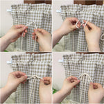 rideau court gris blanc carreaux dentelle bordure opacité vintage rustique pompons chambre