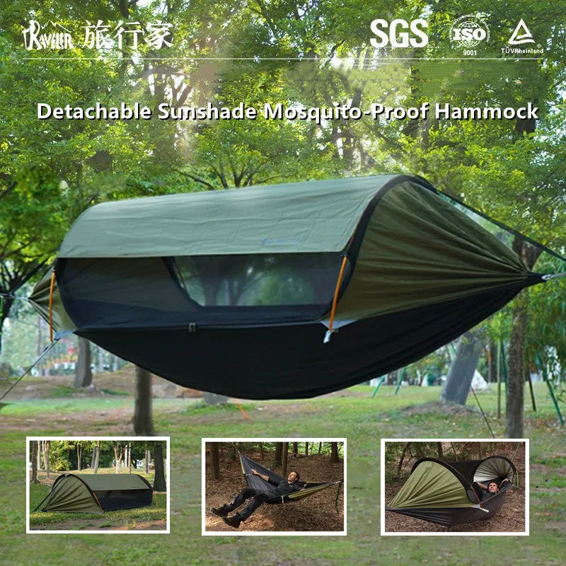 hamac extérieur adulte vert olive noir moderne moustiquaire sac rangement cordon suspension tiges support