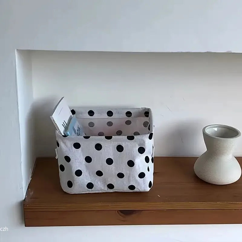 panier rangement tissu coton blanc points noirs moderne 20x13x16cm câbles stylos bouteille vase