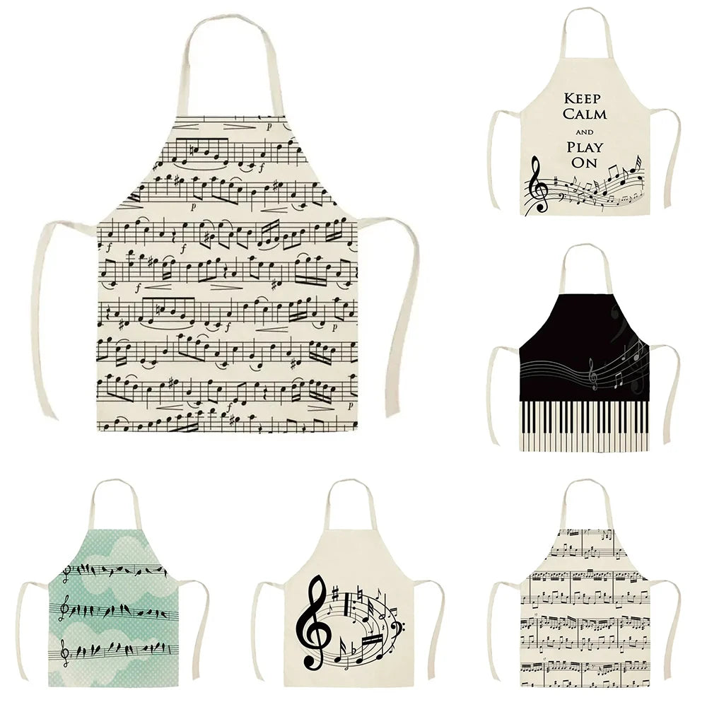 tablier cuisine lin beige clair motif notes musicales piano adulte enfant