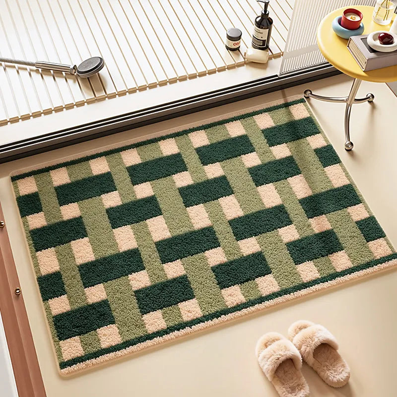 tapis bleu moderne carreaux géométriques résistant saleté imperméable entrée maison