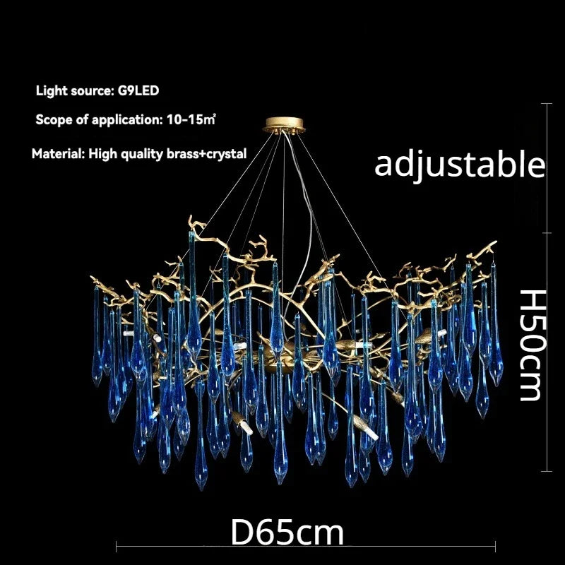 lustre contemporain élégant gouttes cristal bleu doré opalescent led salon chambre