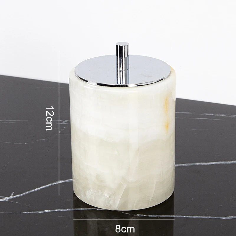 ensemble salle bain marbre onyx blanc distributeur savon porte brosse dents plateau luxe