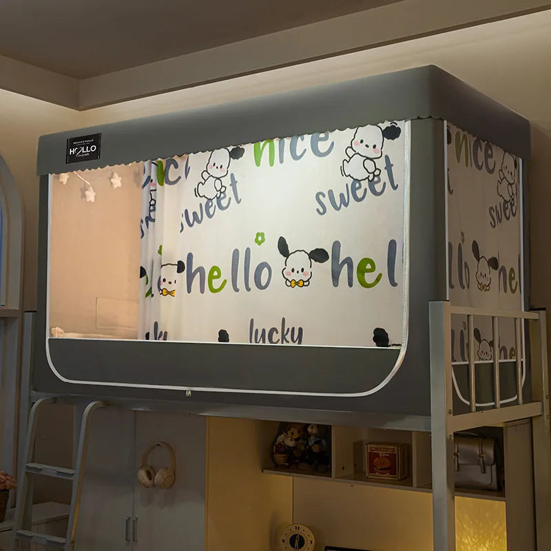 lit mezzanine moderne enfant gris blanc imprimé hello lucky tapis oreiller lampe figurines
