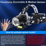 lampe frontale led 12000 lumens sensor tactique camping hiker zoomable étanche