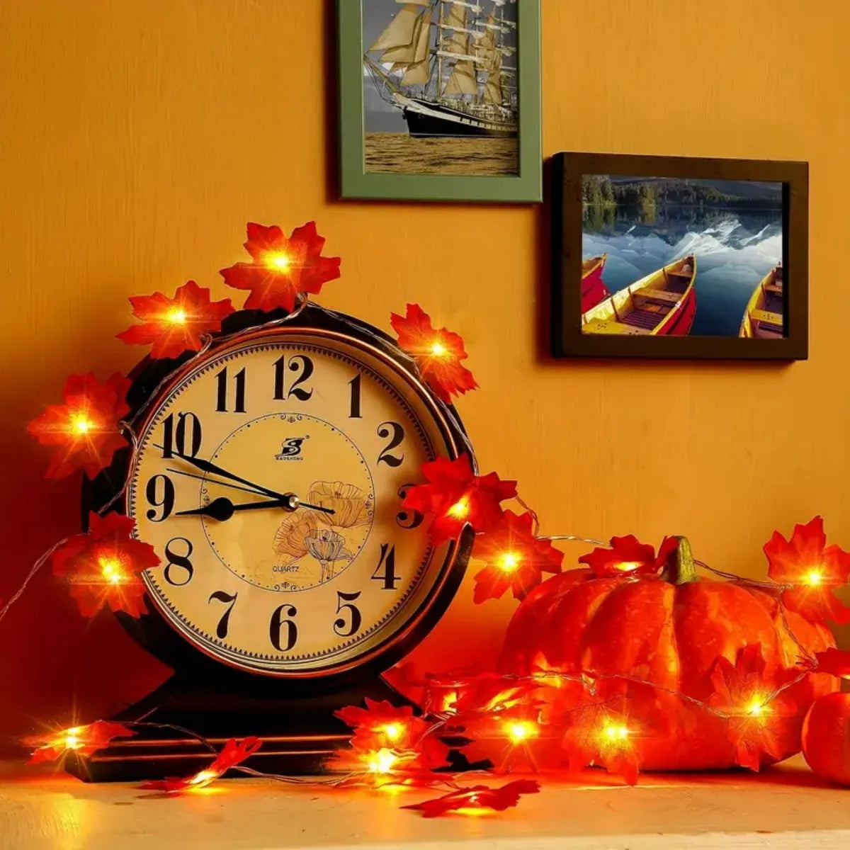 guirlande lumineuse feuilles érable rouges orange automne halloween 20 30 40 led batterie sèche
