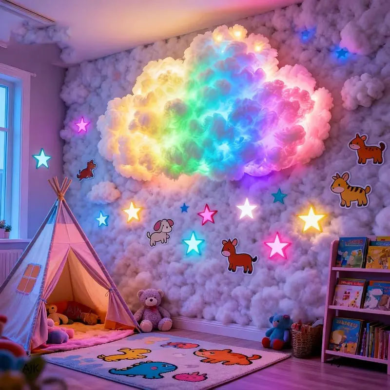 nuage lumineux multicolore led texturé moderne veilleuse chambre adhésive 90cm changeante arc ciel