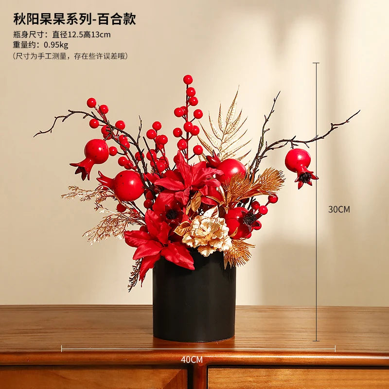 décoration intérieure moderne fleurs artificielles vase noir roses arrondies éléments dorés asiatique