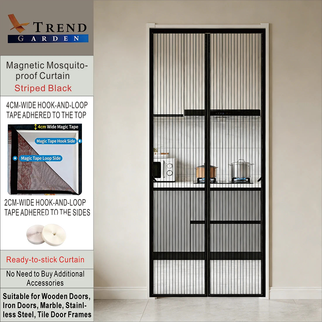 rideau magnétique anti moustiques noir rayures moderne adhésif porte été respirant 80cm 210cm