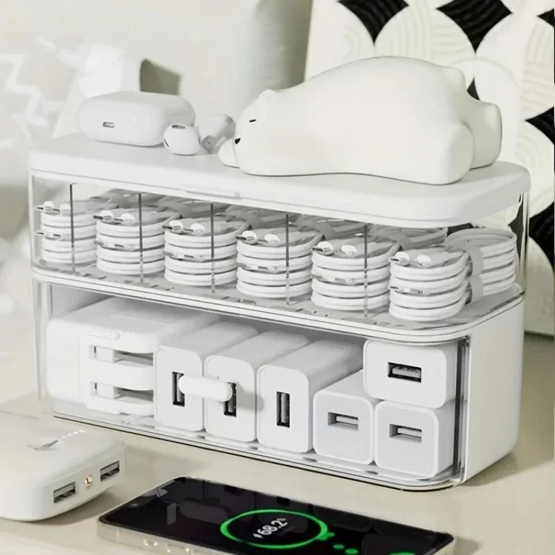 boîte rangement câbles chargeurs usb smartphone transparent moderne blanc