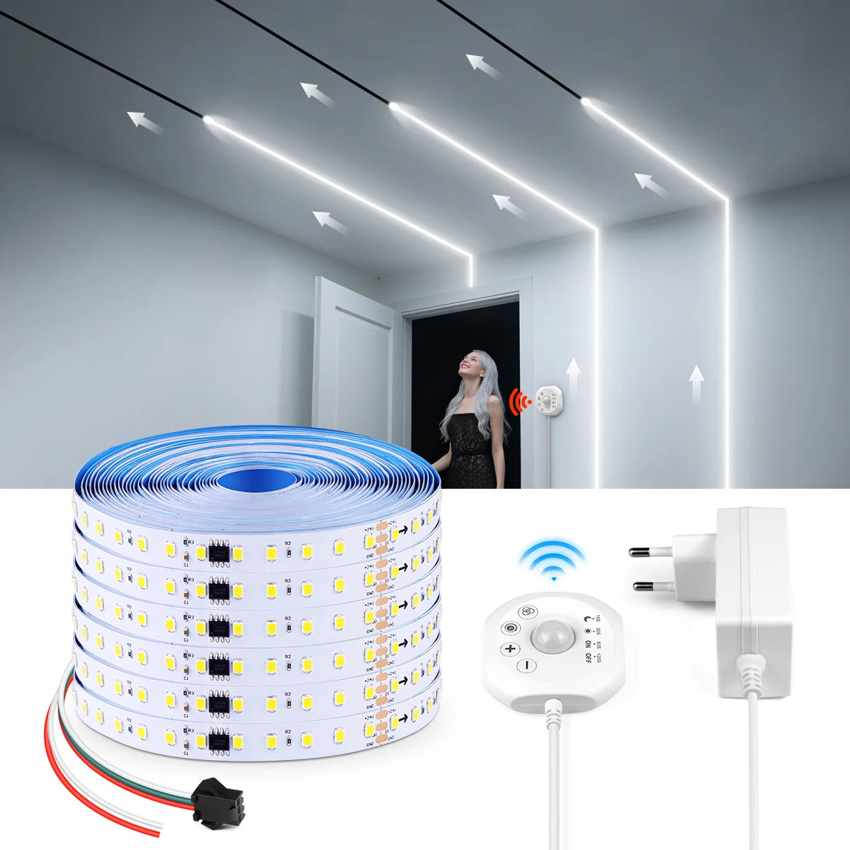 ruban led blanc bleu adhésif sensoriel moderne 24v 120leds mètre escalier couloir