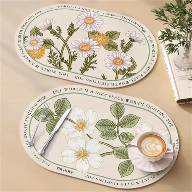 tapis table graphique fleurs blanches jaunes feuilles vertes texte noir respectueux environnement rond