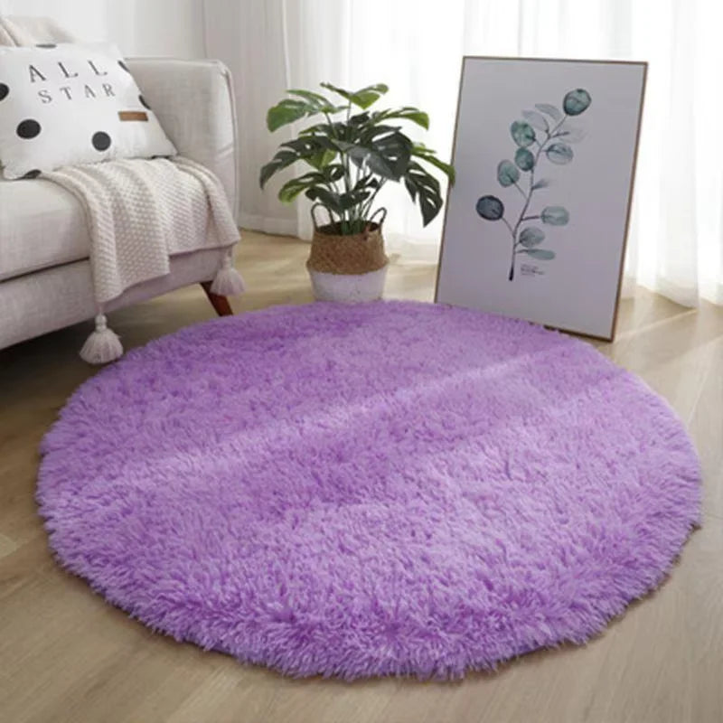 tapis rond peluche doux moderne confortable intérieur salon chambre décoration maison bleu blanc beige