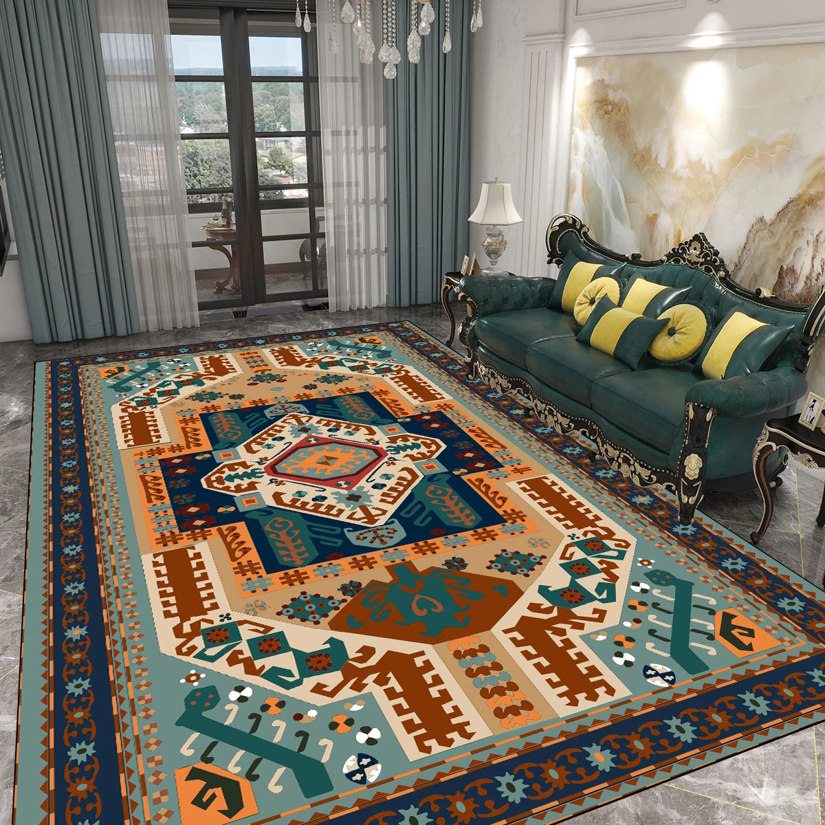 Tapis coloré et décoratif orné de motifs géométriques et floraux, installé dans un intérieur élégant avec des meubles de style victorien.