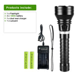 lampe torche noire led rechargeable 500m lumiere intense resistant chocs auto defense camping plongee