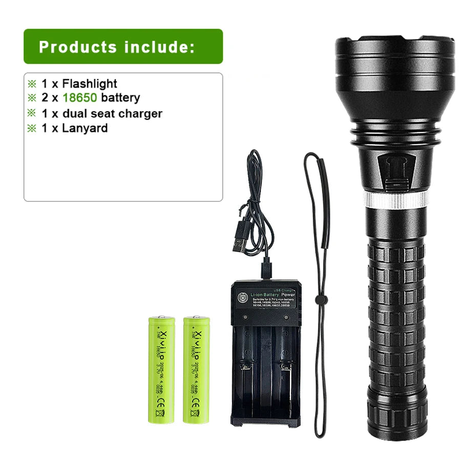 lampe torche noire led rechargeable 500m lumiere intense resistant chocs auto defense camping plongee