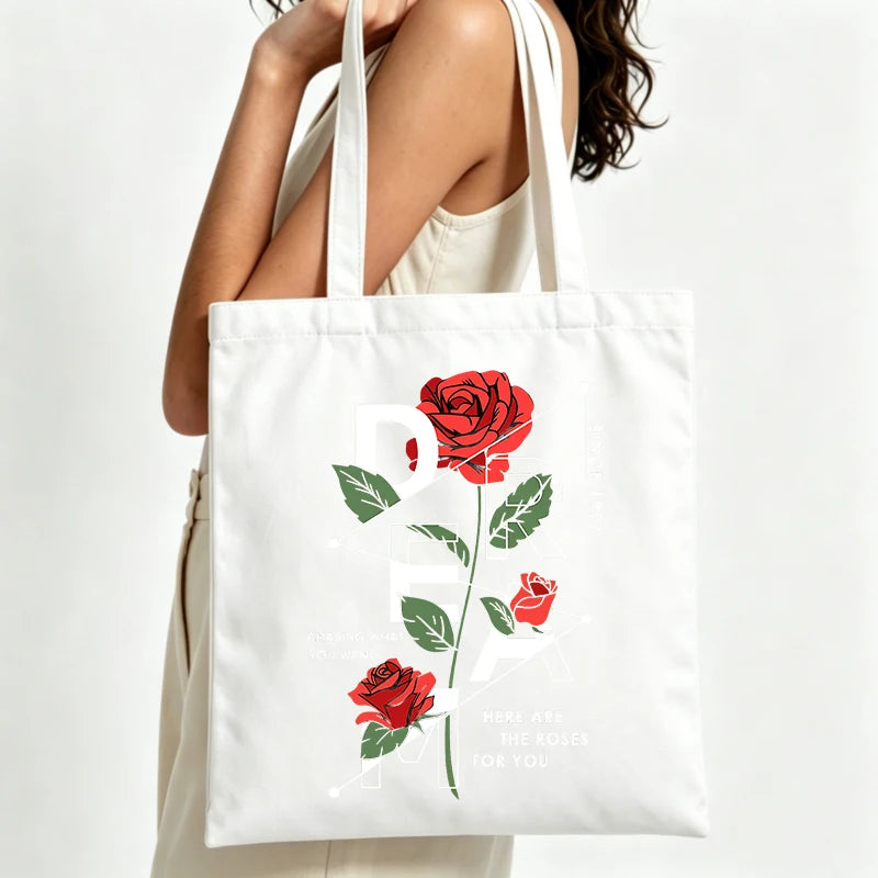 sac main toile blanc roses cartoonesques moderne sans fermeture poignées