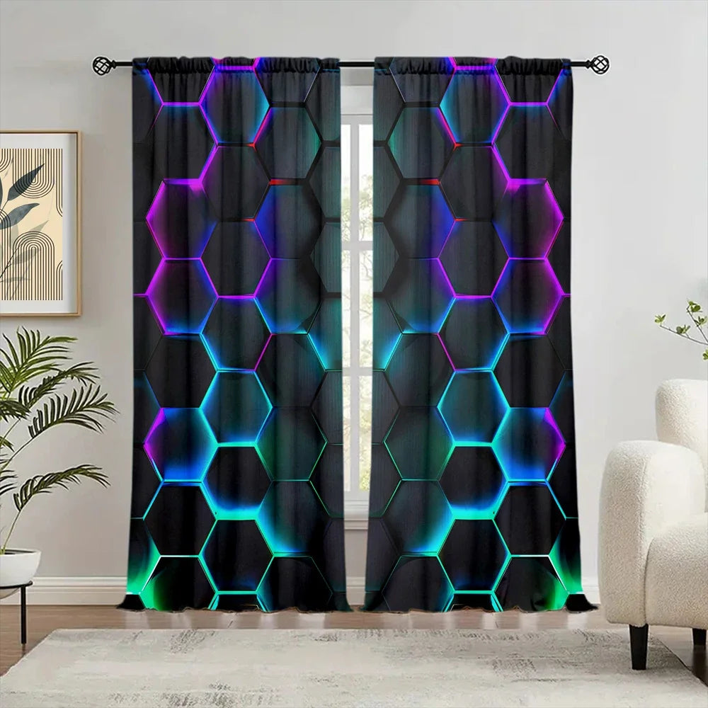rideau moderne hexagonal lumineux noir bleu violet vert opaque 100 polyester deux pièces