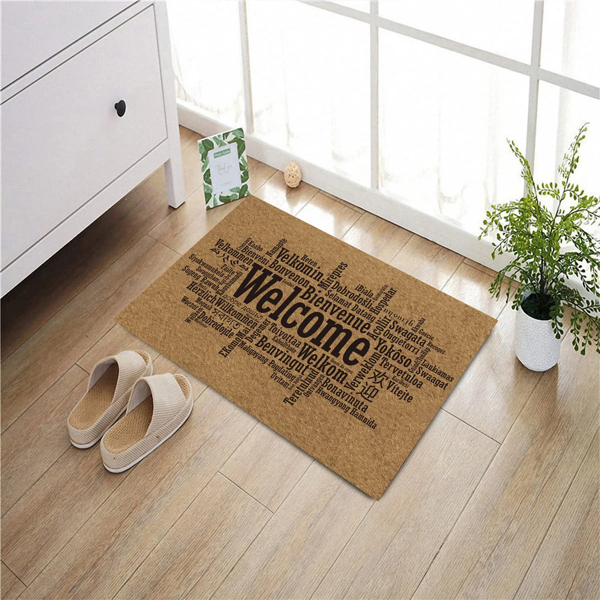 tapis d'entrée welcome moderne marron clair beige antidérapant résistant bactéries extérieur imperméable rustique