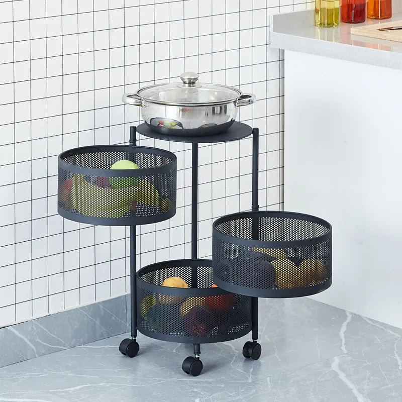 chariot roulettes multifonction moderne paniers rotatifs plateau supérieur grille métallique rangement cuisine blanc noir