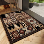 tapis d'entrée ethnique patchwork motifs géométriques animaux rustique marron beige noir bleu gris