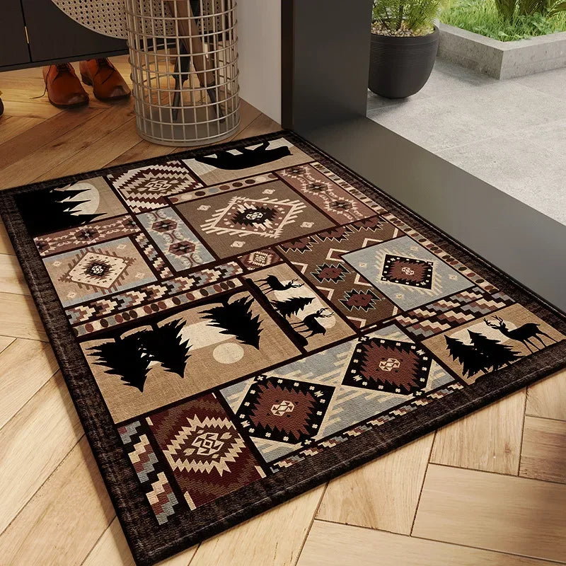 tapis d'entrée ethnique patchwork motifs géométriques animaux rustique marron beige noir bleu gris