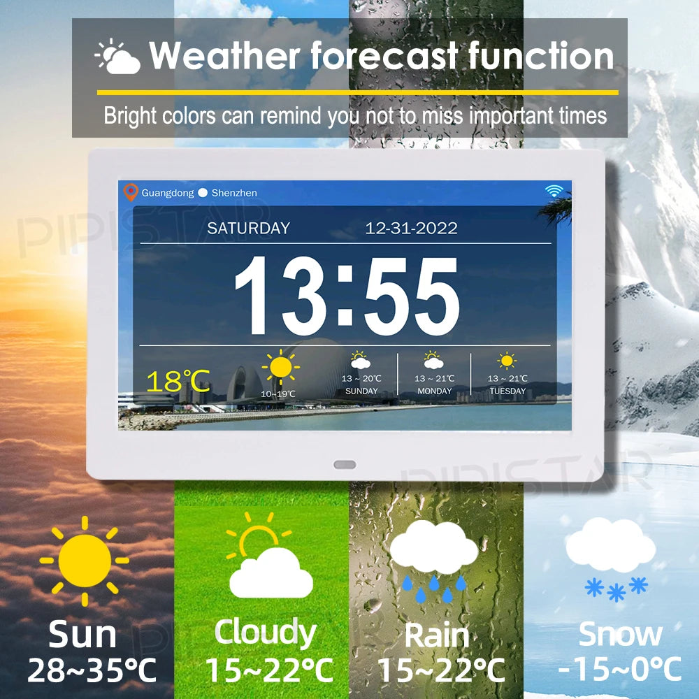 calendrier numérique horloge cadre photo écran tactile wi fi bluetooth mp3 moderne blanc noir