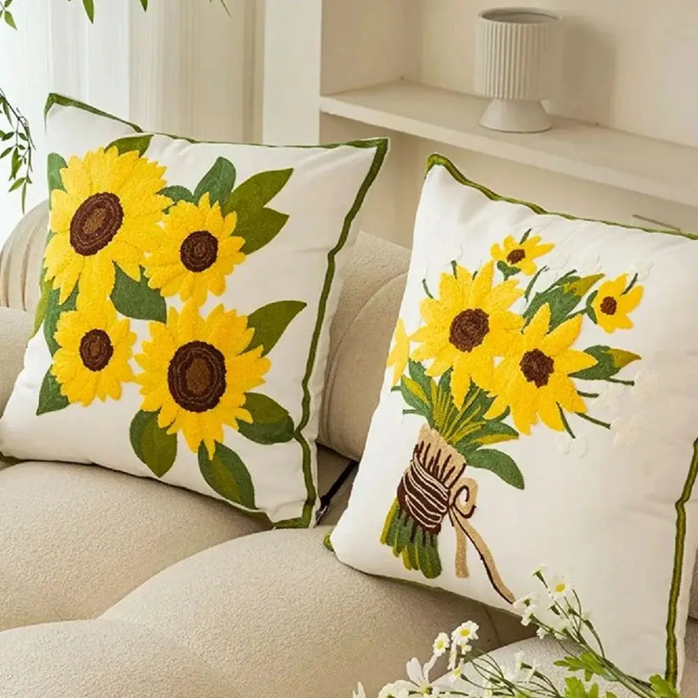 coussin brodé tournesol blanc rustique maison lit 45x45cm polyester coton respectueux environnement garden decoration