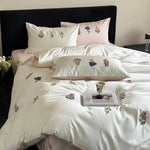 ensemble literie coton brodé fleurs rose blanc classique king queen full