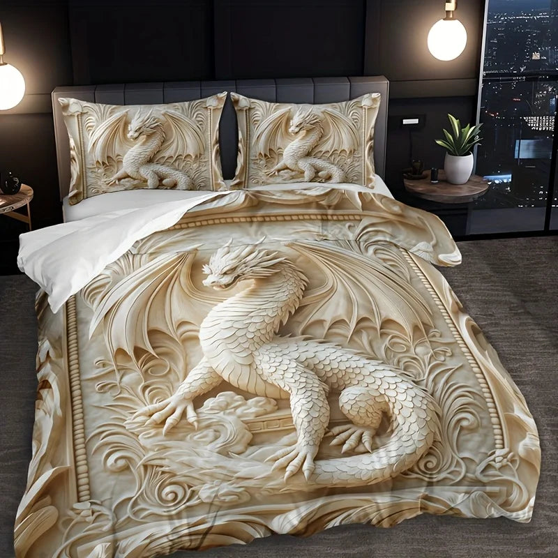 housse couette dragon relief deux taies oreiller motifs floraux literie decorative polyester beige blanc