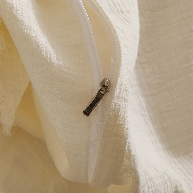 parure lit coton blanc cassé texture froissée housse couette drap taies oreiller