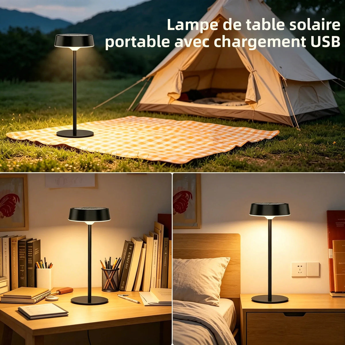 lampe table solaire rechargeable usb led dimmable moderne noir portable chambre