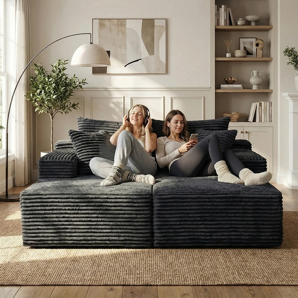 canapé modulaire velours côtelé gris foncé moderne salon confortable fixations coussins