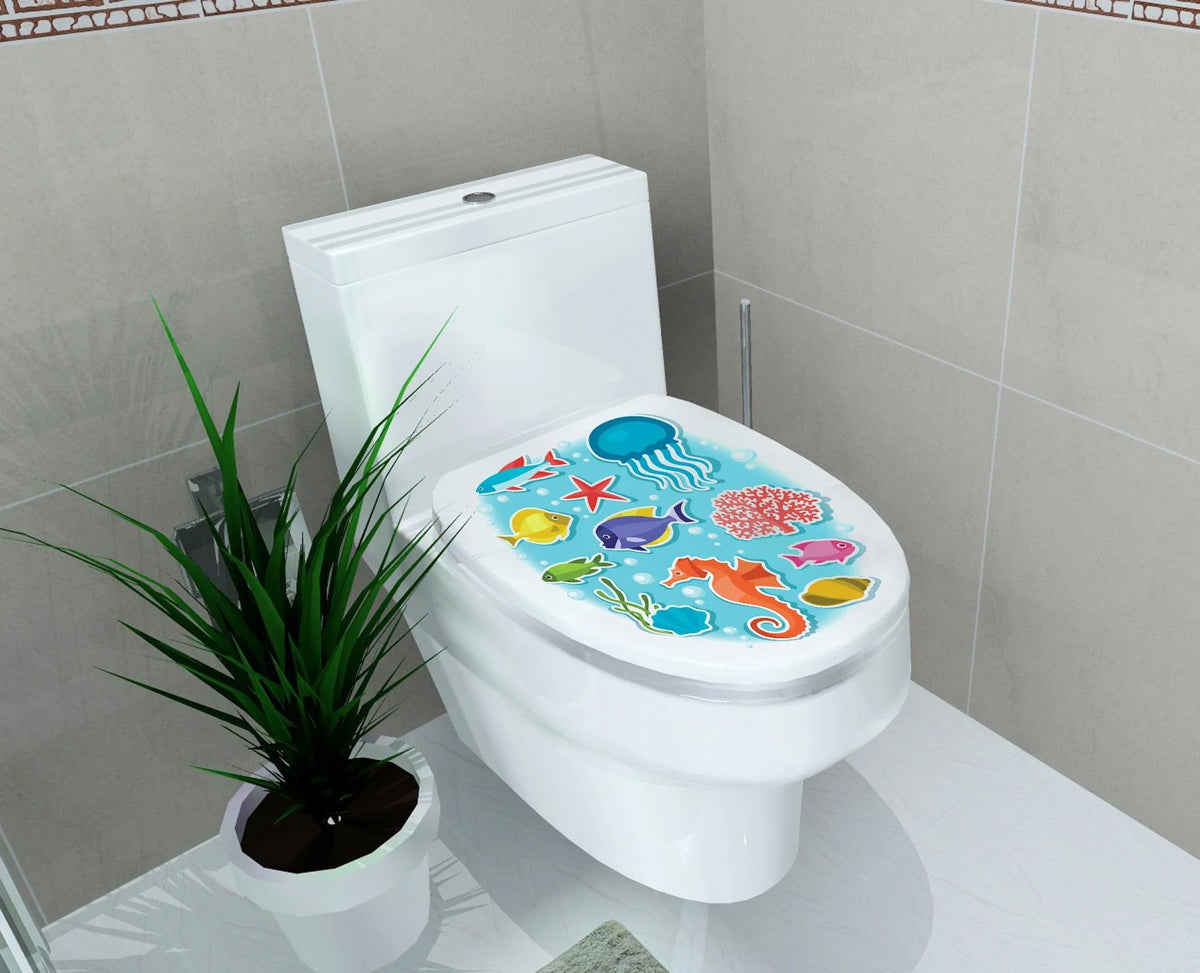 autocollants muraux toilette dessins animés motifs poissons vagues coquillages moderne adhésif couvercle blanc variés