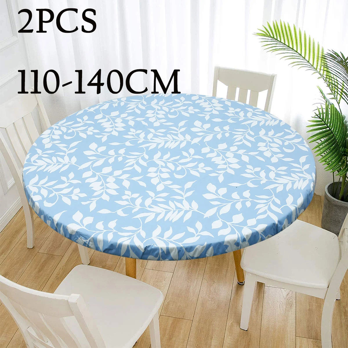 nappe table élégante imperméable pvc feuilles blanches bleu clair 90cm 110cm 140cm elasticée moderne