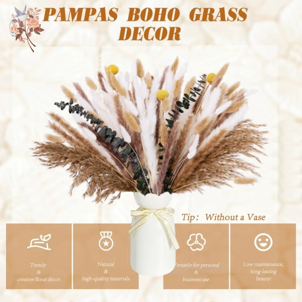 bouquets pampas marron clair beige blanc feuilles vertes plumes blanches décoration intérieure mariage boho