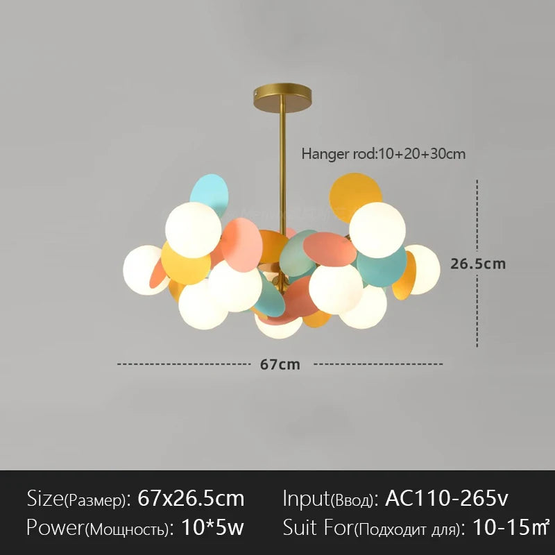 suspension lumineuse moderne multicolore boules translucides branches métalliques led salon chambre