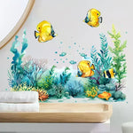 sticker mural poissons océan coraux algues adhésif salle bain résistant eau bleu vert jaune
