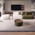 canapé salon moderne tissu beige vert olive chesterfield coussins table basse