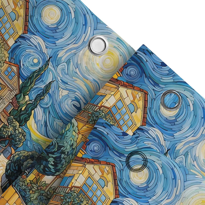 rideau douche van gogh village nuit étoile bleu jaune impressioniste classique polyester durable