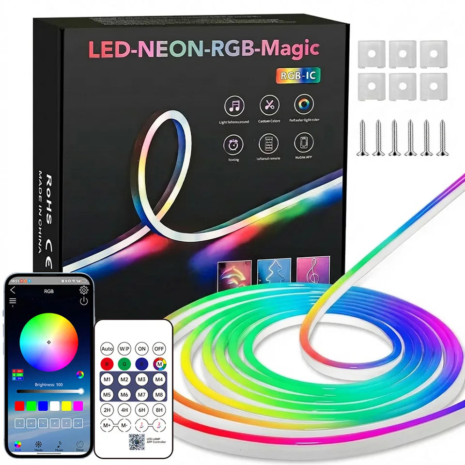 ruban led néon multicolore flexible moderne télécommande application musicale décoration intérieure