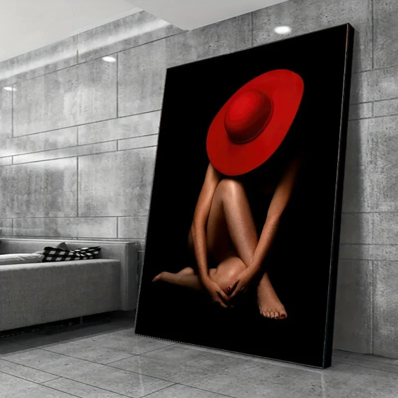 toile d'art contemporaine personnage féminin chapeau rouge noir sans cadre