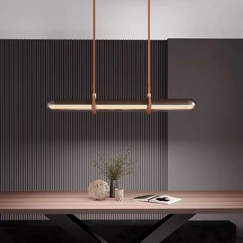 lampe suspendue moderne suspension tube verre transparent cuir marron lustre salon minimaliste