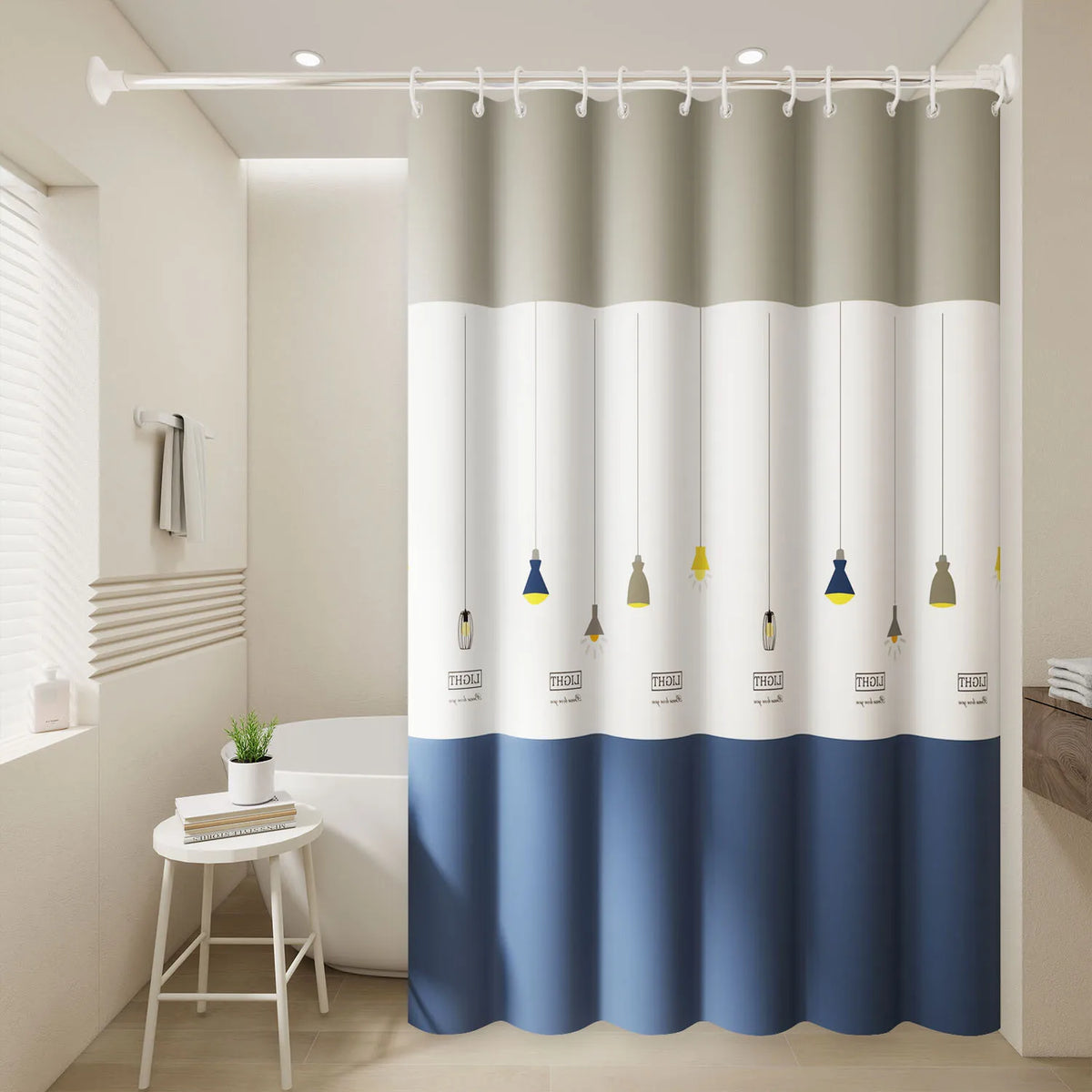 rideau douche enfant motif suspensions lumineuses gris clair blanc bleu moderne opacité respectueux environnement